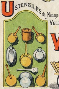 Buchstabe U. Cocote, Herd, Eichhörnchen, Kochtopf... Gravur in "ABC Toys". Epinal-Bildgebung in Chromolithographie, um 1890. Kleines Heft mit 8 Seiten.