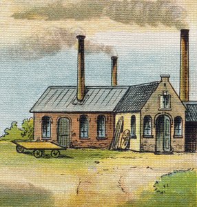 Buchstabe U: Fabrik. Gravur in "Alphabet de ma petite fille". Bernardin-Bechet und Fils, Buchhändler-Verleger, Paris, um 1895. Unzerbrechliches Album auf Leinwand. Bibliotheque des Bebes. 12 Seiten. Album mit einer Lesemethode und einem illustrierten Abece
