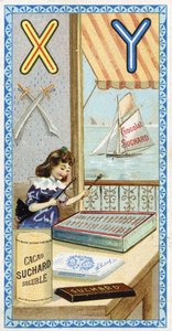 Buchstabe X: Xylophonist und Y: Yatagan, Yacht. Gravur des Alphabets herausgegeben von Chocolat Suchard, Anfang des 20. Jahrhunderts. 24 Chromolithografien. von Unbekannt