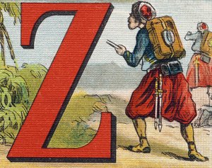 Buchstabe Z: Zouave. Gravur in "Alphabet de ma petite fille". Bernardin-Bechet und Fils, Buchhändler-Verleger, Paris, um 1895. Unzerbrechliches Album auf Leinwand. Bibliotheque des Bebes. 12 Seiten. Album mit einer Lesemethode und einem illustrierten Abece
