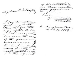 Brief von Albert, Prinzgemahl, an Anthony Ashley-Cooper, Earl of Shaftesbury, in dem er sich für eine Bibel in chinesischer Sprache bedankt, geschrieben aus dem Buckingham Palace von Unbekannt