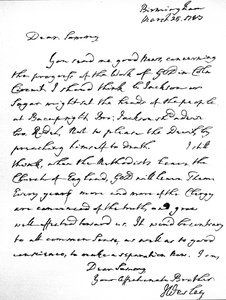 Brief von John Wesley an Samuel Bradburn, in dem er seine starke Meinung äußert, dass die Methodisten die Kirche von England nicht verlassen sollten, geschrieben in Birmingham, 25. März von Unbekannt