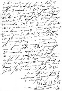 Brief von Königin Elisabeth I. an König James VI. von Schottland (später James I. von England), geschrieben 11 Wochen vor ihrem Tod, in dem sie eine selbstironische Bemerkung über ihre schlechte 