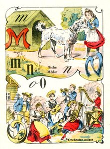 Buchstaben M N und O als Medor, Nische und Schweizer Orchester. Gravur in "Fun Alphabet". Imaging von Pont-a-Mousson. Druck und Verlag Louis Vagne, Ende des 19. Jahrhunderts von Unbekannt