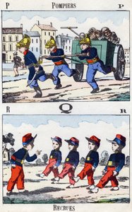 Buchstaben P Q R: Feuerwehrleute und Rekruten (Illustration aus „Alphabet militaire enfantin“) von Unbekannt