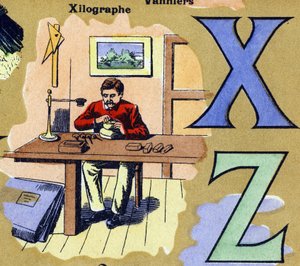 Buchstaben X und Z als Xylograph. Graveur beim Holzschnitt. Illustriertes Alphabet. Bilder vereint in Jarville-Nancy, Anfang des 20. Jahrhunderts. Dim: 40 x 29 cm. Lithographie auf bistre Hintergrund von Unbekannt