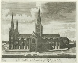 Lichfield Cathedral - Südansicht: Gravur, undatiert [?18. Jahrhundert] von Unbekannt