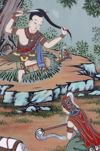 Leben Buddhas. Fern vom Palast tauschte Prinz Siddhartha seine feinen Kleider gegen Lumpen und schnitt sein langes Haar ab, Seoul, Südkorea von Unbekannt