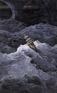 Literatur: Boot in der Mitte des Meeres. Illustration des Romans von Samuel Taylor Coleridge (1772-1834) „Rime of the Ancient Mariner“. Farbgravur nach einer Illustration von Gustave Doré