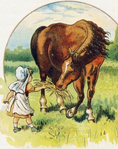 Kleines Mädchen gibt einem Pferd Heu. Gravur in "ABC L