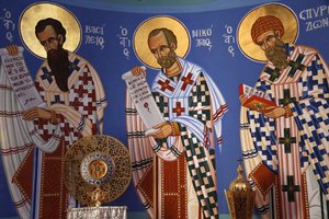 Liturgisches Objekt und Fresko im Heiligtum der orthodoxen Kirche von Pedoulas, 20150510, Pedoulas, Zypern von Unbekannt