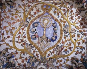 Untersicht eines Wandgemäldes auf der Kuppel einer Kirche, Santo Domingo Kirche, Oaxaca, Bundesstaat Oaxaca, Mexiko von Benjamin Baud