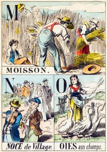 M N O: Ernte, Dorffest, Gänse auf dem Feld - "Alphabet des Bauernhofs" Ende des 19. Jahrhunderts von Unbekannt