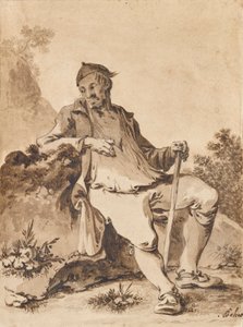 Mann mit Mütze und Stock auf Stein rastend
