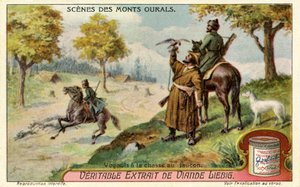 Mansi-Leute jagen mit Falken