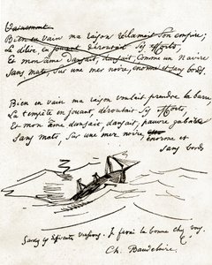 Manuskript von Charles Baudelaire, illustriert mit einer Zeichnung eines Bootes