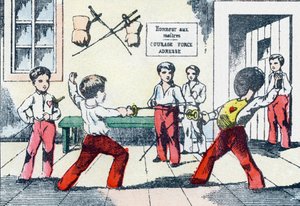 Waffenmeister. Gravur in "Alphabet militaire enfantin". Bildgebung von Pont-a-Mousson, um 1890. 20 Seiten.