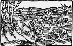 Leben auf dem Land im Mittelalter aus einer Gravur des 16. Jahrhunderts, veröffentlicht 1931 von Unbekannter Künstler