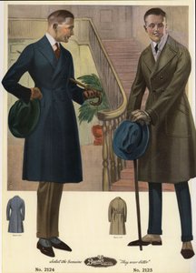 Männermode 1920 - Männer in zweireihigen Mänteln mit Spazierstöcken und Hüten, die Gamaschen tragen. Chromolithographie aus einem Katalog der Herrenmode von Bruner Woolens