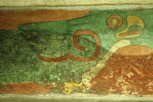 Mexiko, Mexiko-Stadt, Teotihuacan (1. Jahrhundert n. Chr.), Tempel der Jaguare, Fresko eines Papageis