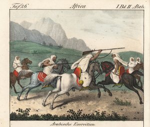 Militärische Übungen, der Angriff arabischer Reiter. Lithographie aus dem Buch: „Galerie complète en tableaux fidèles des peuples d