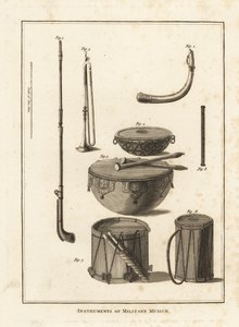 Militärische Musikinstrumente: Trompete, Horn, Pfeife, Kesselpauke, Seitentrommel