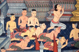 Mönche. Wandbilddetail an den Innenwänden der Vihara aus der Ära von König Rama III, das den Ramakian darstellt. Wat Pho - Wat Phra Chettuphon. 1788. Bangkok. Thailand
