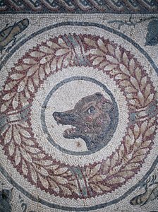 Mosaik des Peristyls. Detail, das einen Bärenkopf darstellt. 3. - 4. Jahrhundert. Römische Villa del Casale, Sizilien. UNESCO-Weltkulturerbe. von William M. Timlin