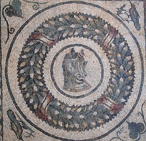 Mosaik des Peristyls. Detail, das einen Pferdekopf darstellt. 3. - 4. Jahrhundert. Römische Villa del Casale, Sizilien. UNESCO-Weltkulturerbe. von William M. Timlin