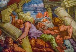 Berühmtestes Fresko des Manierismus: Giulio Romanos Illusion erfindet eine Kuppel und löst die Architektur des Raumes in den Fall der Giganten auf, Saal der Giganten von Unbekannter Künstler