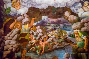 Berühmtestes Fresko des Manierismus: Giulio Romanos Illusion erfindet eine Kuppel und löst die Architektur des Raumes in den Fall der Giganten auf, Saal der Giganten