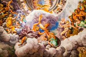 Berühmtestes Fresko des Manierismus: Giulio Romanos Illusion erfindet eine Kuppel und löst die Architektur des Raumes in den Fall der Giganten auf, Saal der Giganten von Unbekannter Künstler