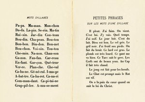 Wörter, Silben und kleine Sätze mit einsilbigen Wörtern - Gravur aus ABCD der kleinen Mädchen. Pellerin & Cie, Drucker-Verleger, Epinal, um 1890. Serie A. Maße: 19 x 13,5 cm.
