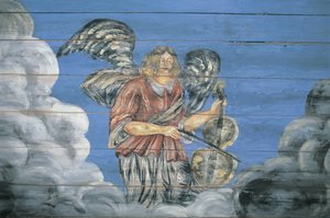 Wandgemälde auf einer Holzwand, Ethnographisches Freilichtmuseum, Riga, Lettland von Benjamin Baud