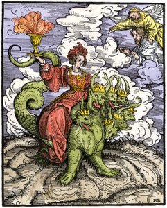 Mythen und Legenden: Die große Hure von Babylon reitet auf dem siebenköpfigen Drachen. Farbige Gravur aus dem Neuen Testament, gedruckt in Augsburg. von Unbekannter Künstler