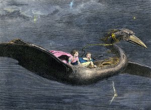 Mythen und Legenden: Der Rokh oder Roc (Riesen-Vogel der arabisch-persischen Mythologie. Er kommt in Passagen aus Tausendundeine Nacht vor). Farbige Gravur des 19. Jahrhunderts von Unbekannter Künstler