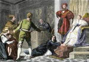 Mythen und Legenden: die Tochter eines Juden, die im Mittelalter der Hexerei beschuldigt wurde (Farbstich des 19. Jahrhunderts)