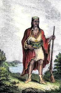 Ureinwohner Amerikas: Indianer der Vereinigten Staaten. Metacomet (ca. 1639-1676), auch bekannt als König Philip oder Metacom, Häuptling der Wampanoag (Massachusetts, Neuengland) (Farbstich) von Unbekannter Künstler