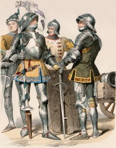 Edle Ritter des Herzogtums Burgund (Frankreich), in Rüstung und Waffe, mit einer Kanone von Unbekannter Künstler
