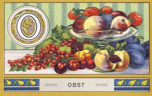 O: Obst - Alphabet Palmin. Serie von Chromolithographien herausgegeben von H. Schlinck & Cie, Hamburg. Werbung für Palmin feinstes Kokosfett.