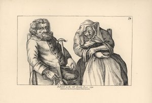 Der alte Darby mit leerem Krug und Joan mit ihrer Tabakspfeife. Kupferstich nach einer satirischen Illustration von Timothy Bobbin (John Collier) aus Human Passions Delineated, John Haywood, Manchester.