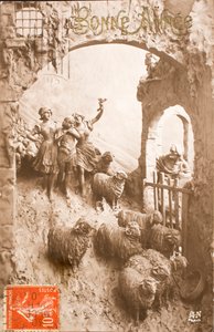 Alte Postkarte Frohes Jahr Grüße Schäferin Schafe von William M. Timlin