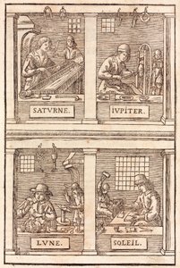 Goldschmiedekunst und alchemistische Symbole: Saturn und Blei, Jupiter und Zinn, der Mond und Silber, die Sonne und Gold von Unbekannt