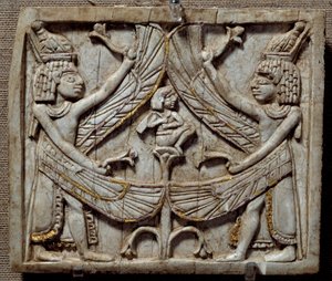 Orientalische Antiquitäten: Geburt des Horus. Flachrelief in Elfenbein, von der Stätte Arslan Tash von Unbekannt