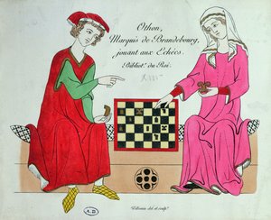 Otto IV., Markgraf von Brandenburg, spielt Schach mit einer Dame, Illustration aus einem Faksimile des Manesse-Codex oder Großen Heidelberger Liederhandschrift, erstellt in Zürich ca. 1305-40 von Unbekannt