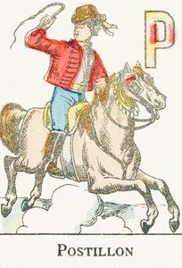P: Postillon, ein junger Reiter im Kosakenkostüm - Gravur aus „Alphabet der Spiele“, um 1890 von Unbekannt