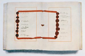 Seite des Vertrags von Versailles mit Unterschriften, 28. Juni 1919 von Unbekannt