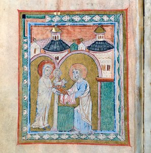 Seite eines Kodex, die die Darstellung im Tempel zeigt, Schatzkammer der Kathedrale von Vercelli