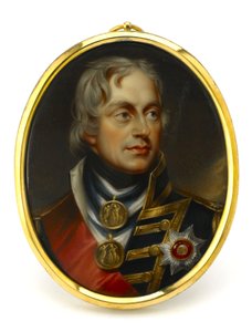 Miniaturgemälde, das Vizeadmiral Horatio Nelson (1758-1805) darstellt. Montiert auf einem Kupfer- und Emaille-Anhänger, frühes 19. Jahrhundert, Porträt von Henry Pierce Bone (1779-1855)