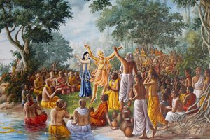 Darstellung von Lord Caitanya, Lord Nityananda und ihren Anhängern am Ufer des Flusses Ganges von Unbekannt